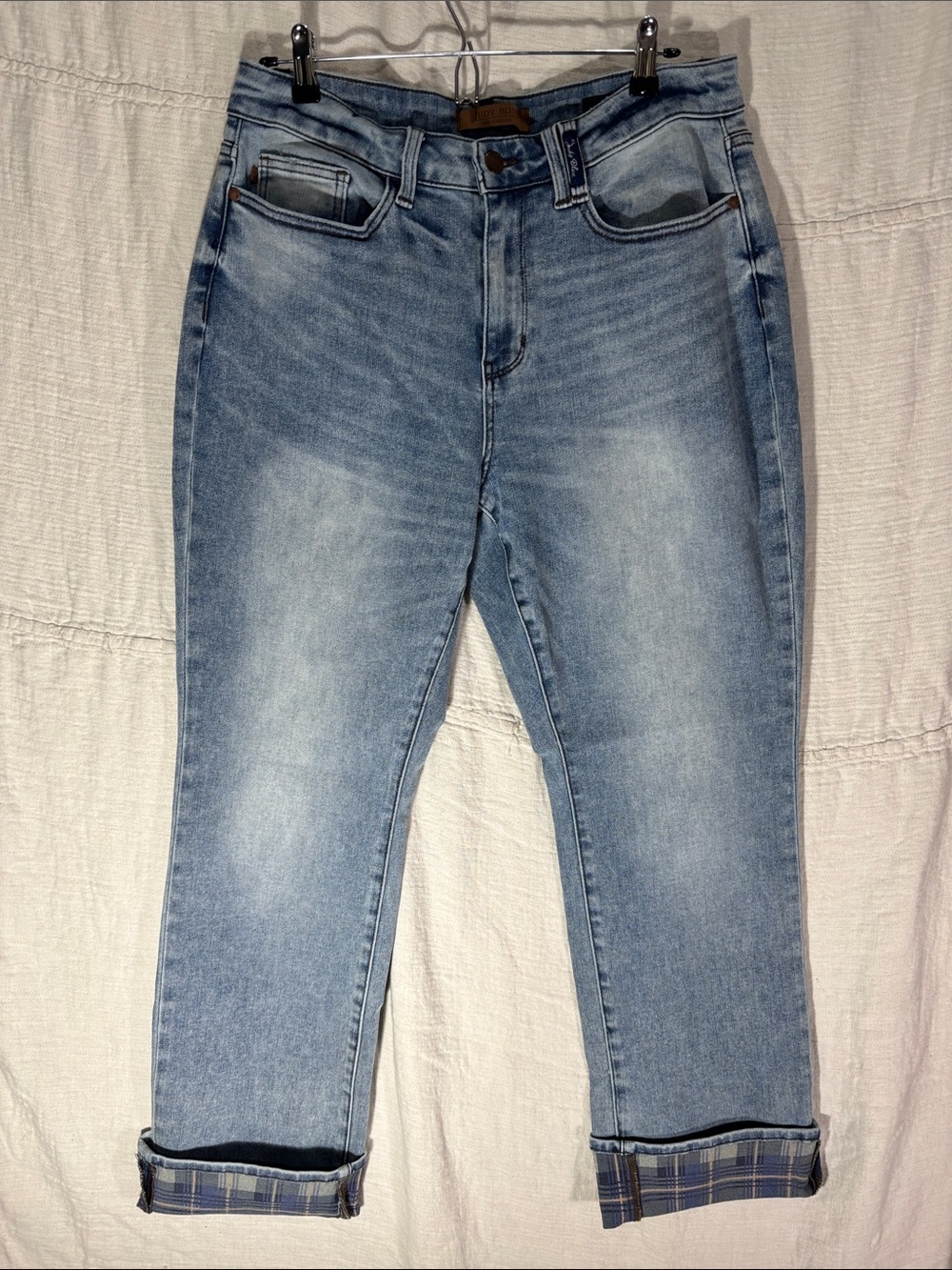 Judy Blue High Rise Plaid Cuff Straight Leg Jeans Medium Wash Stretch 14W EUC